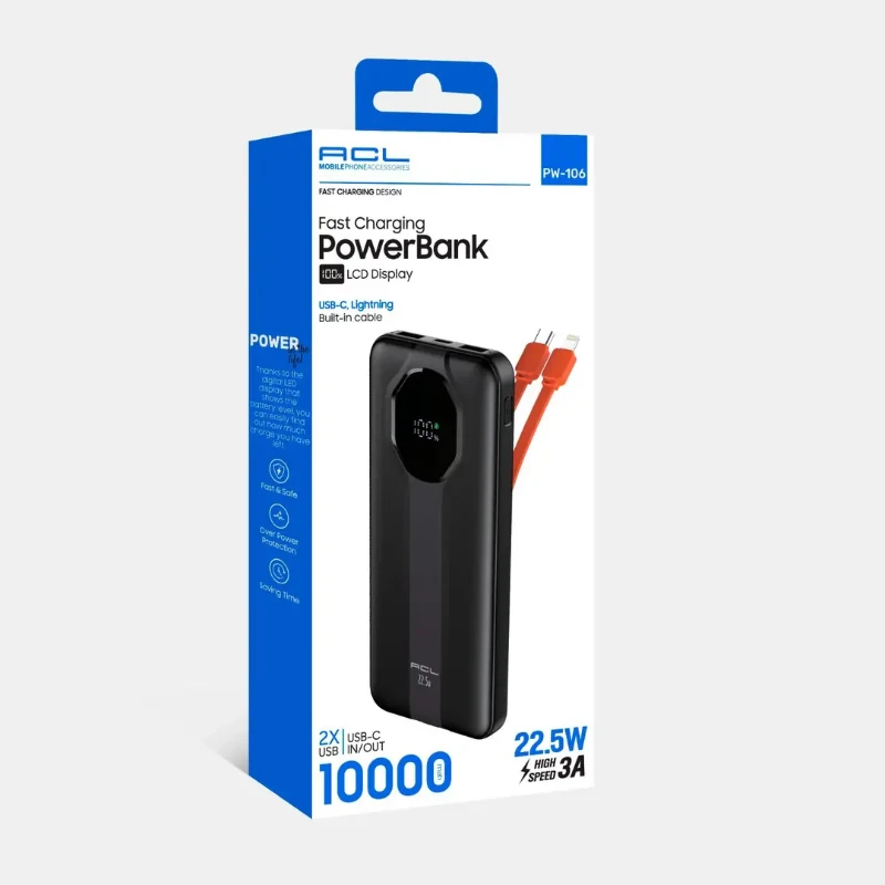 ACL PW-106 10.000mAh 22.5W Hızlı Şarj Powerbank Dahili Lightning & Type-C Kablolu LCD Göstergeli