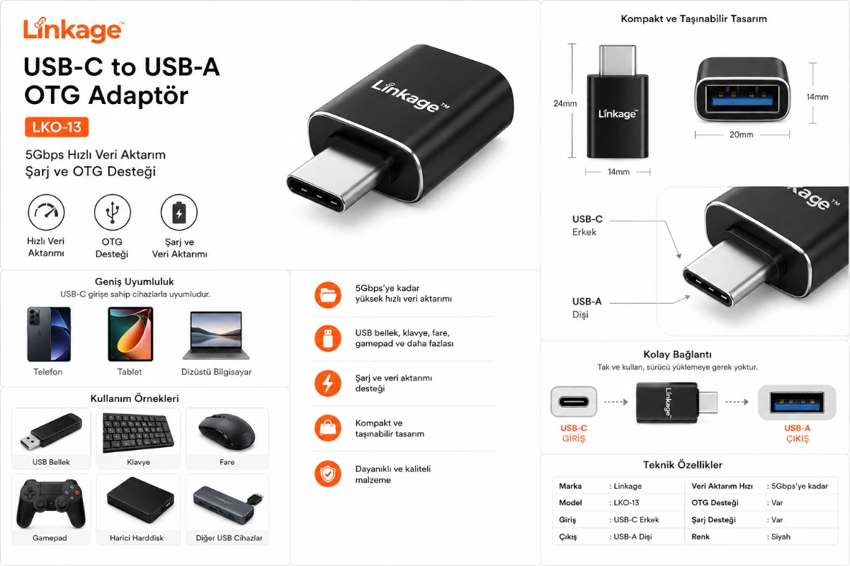 Linkage LKO-13 USB-C to USB-A OTG Adaptör 5Gbps Hızlı Veri Aktarım Dönüştürücü