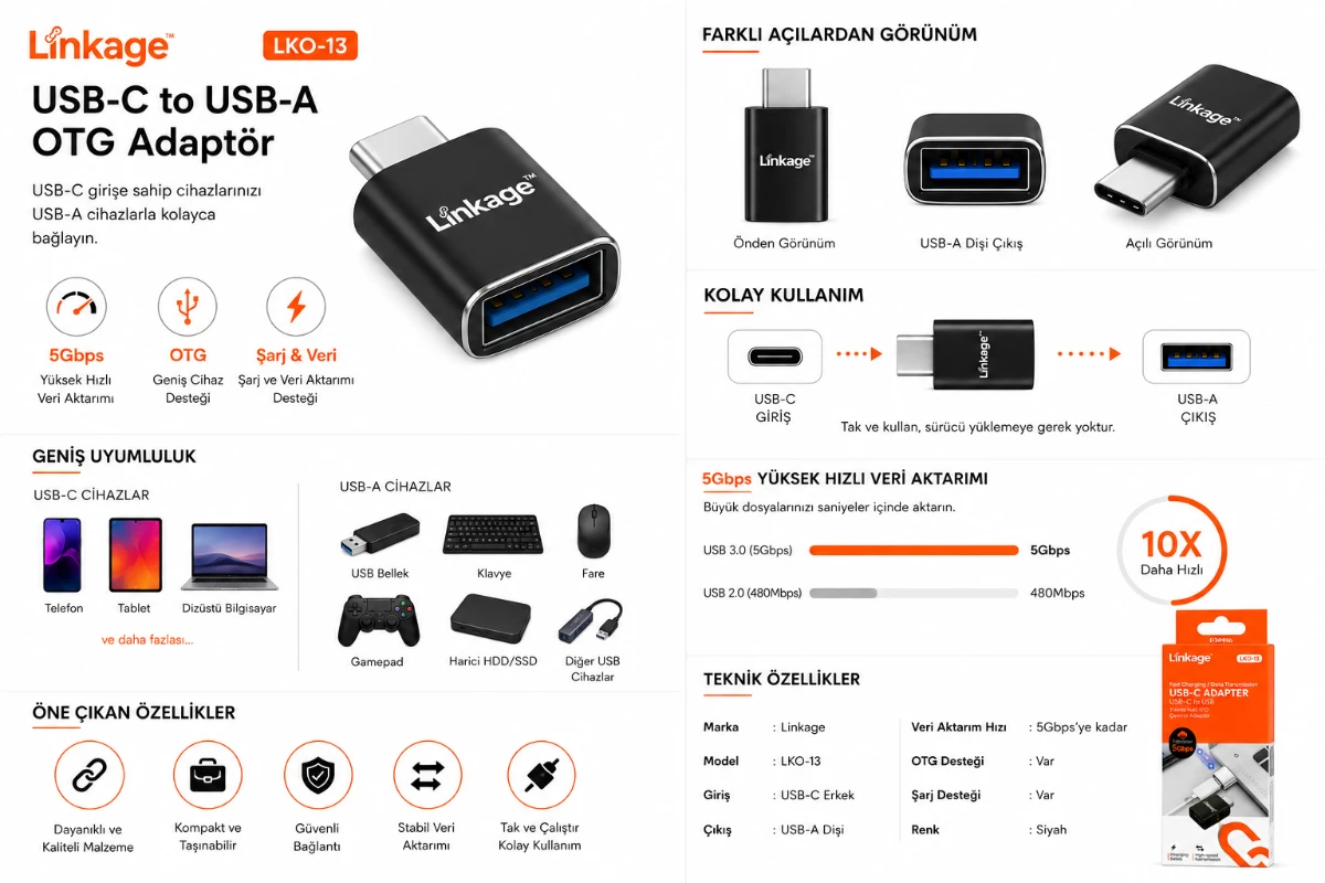 Linkage LKO-13 USB-C to USB-A OTG Adaptör 5Gbps Hızlı Veri Aktarım Dönüştürücü