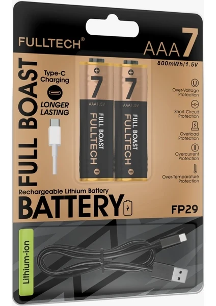 Fulltech FP29 AAA Şarjlı Pil 2'li Set 1.5V 800mWh Type-C Lithium-Ion