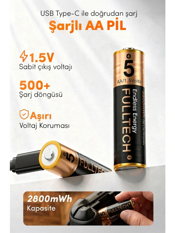Fulltech FP28 AA Şarjlı Pil 1.5V 2800mWh Type-C Lithium-Ion
