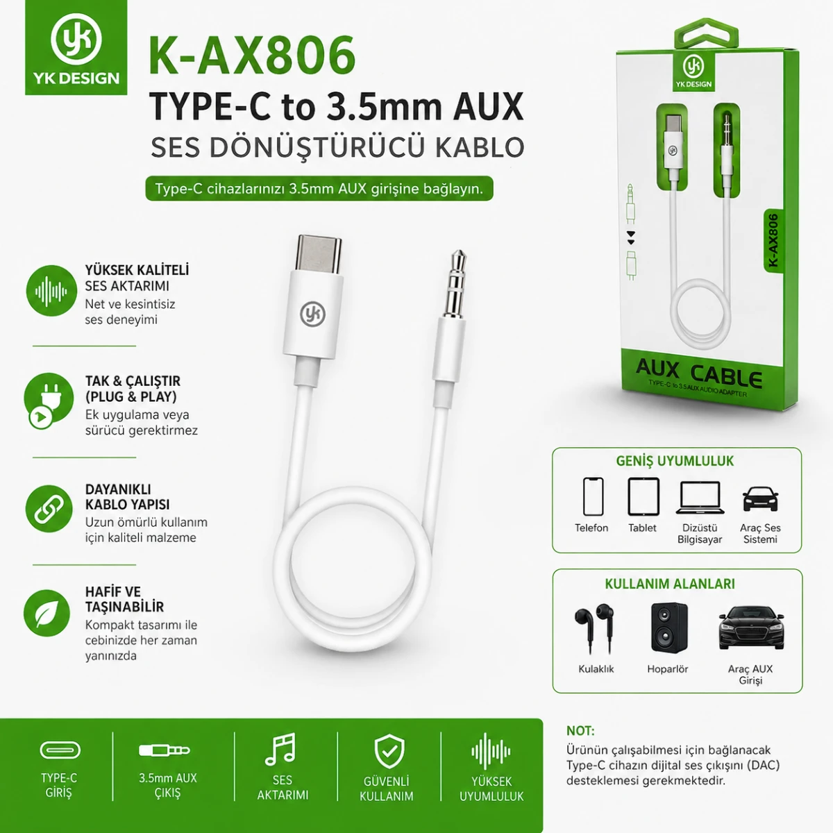 YK Design K-AX806 Type-C to 3.5mm AUX Ses Dönüştürücü Kablo USB-C Kulaklık Adaptörü