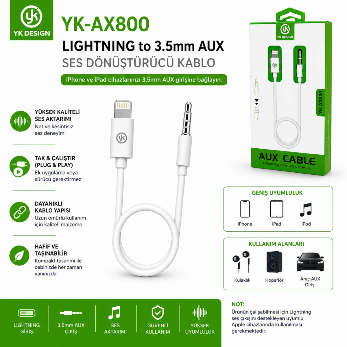 YK Design YK-AX800 Lightning to 3.5mm AUX Ses Dönüştürücü Kablo iPhone Kulaklık Adaptörü Beyaz