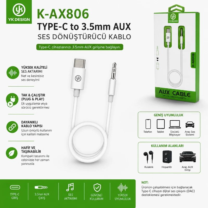 YK Design K-AX806 Type-C to 3.5mm AUX Ses Dönüştürücü Kablo USB-C Kulaklık Adaptörü
